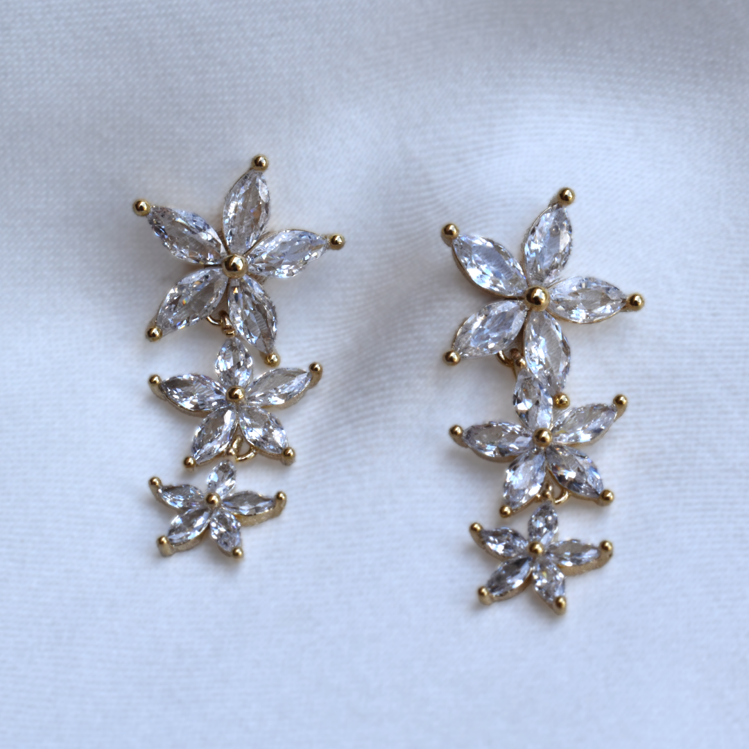 Gold Diamonte Flower Drop Earrings