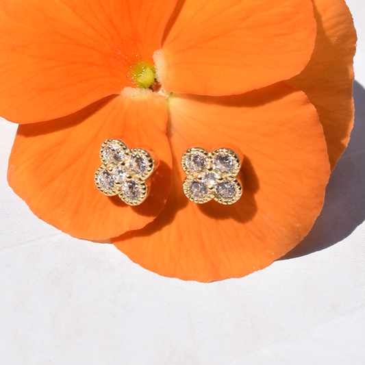 S925 Small Cubic Zirconia Four Leaf Stud Earrings