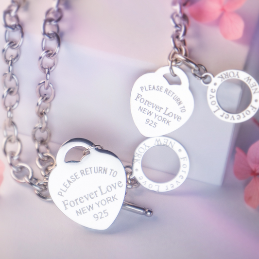 FOREVER LOVE HEART CHARM CHAIN TOGGLE BRACELET, NECKLACE